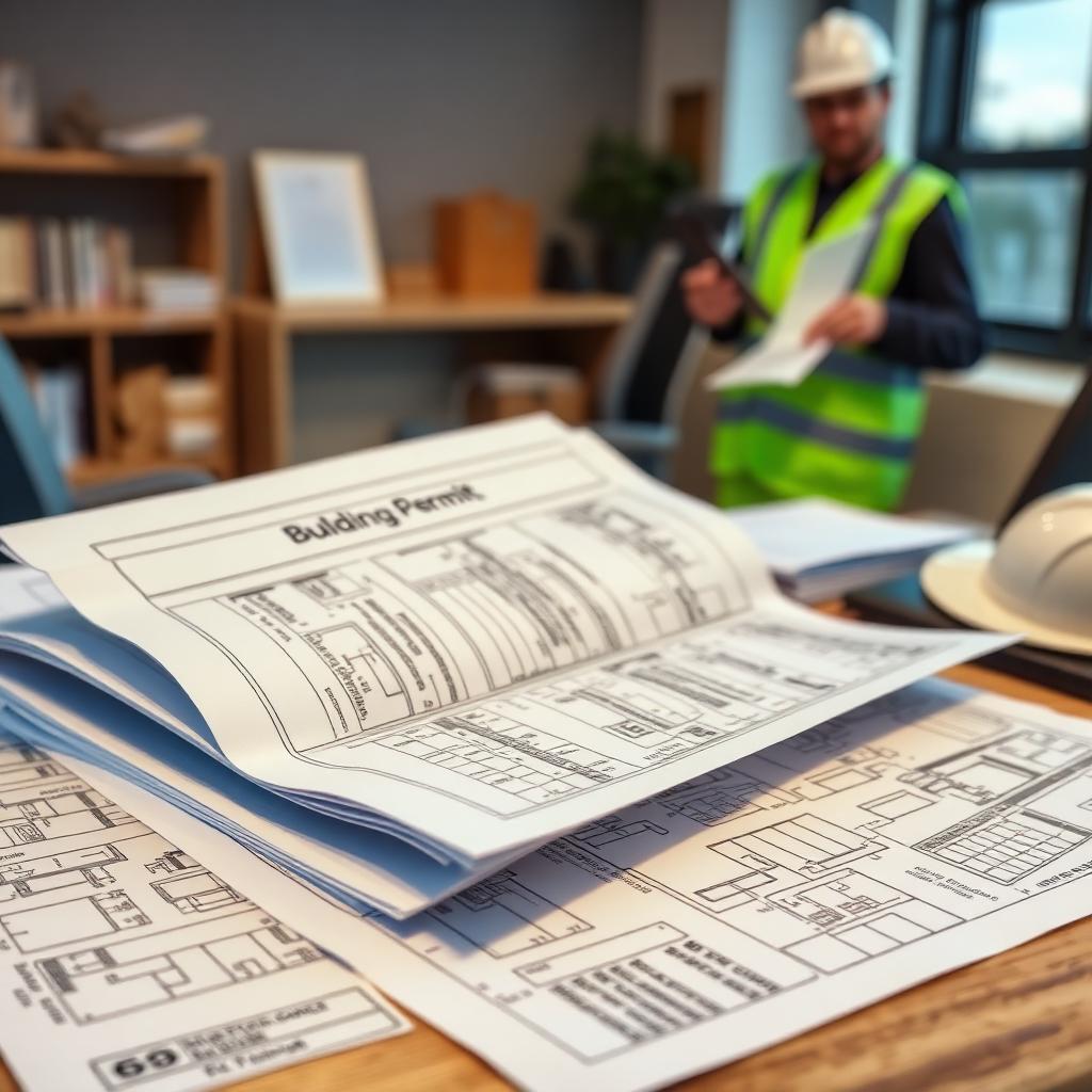 Building permit documents and blueprints for garage door installation