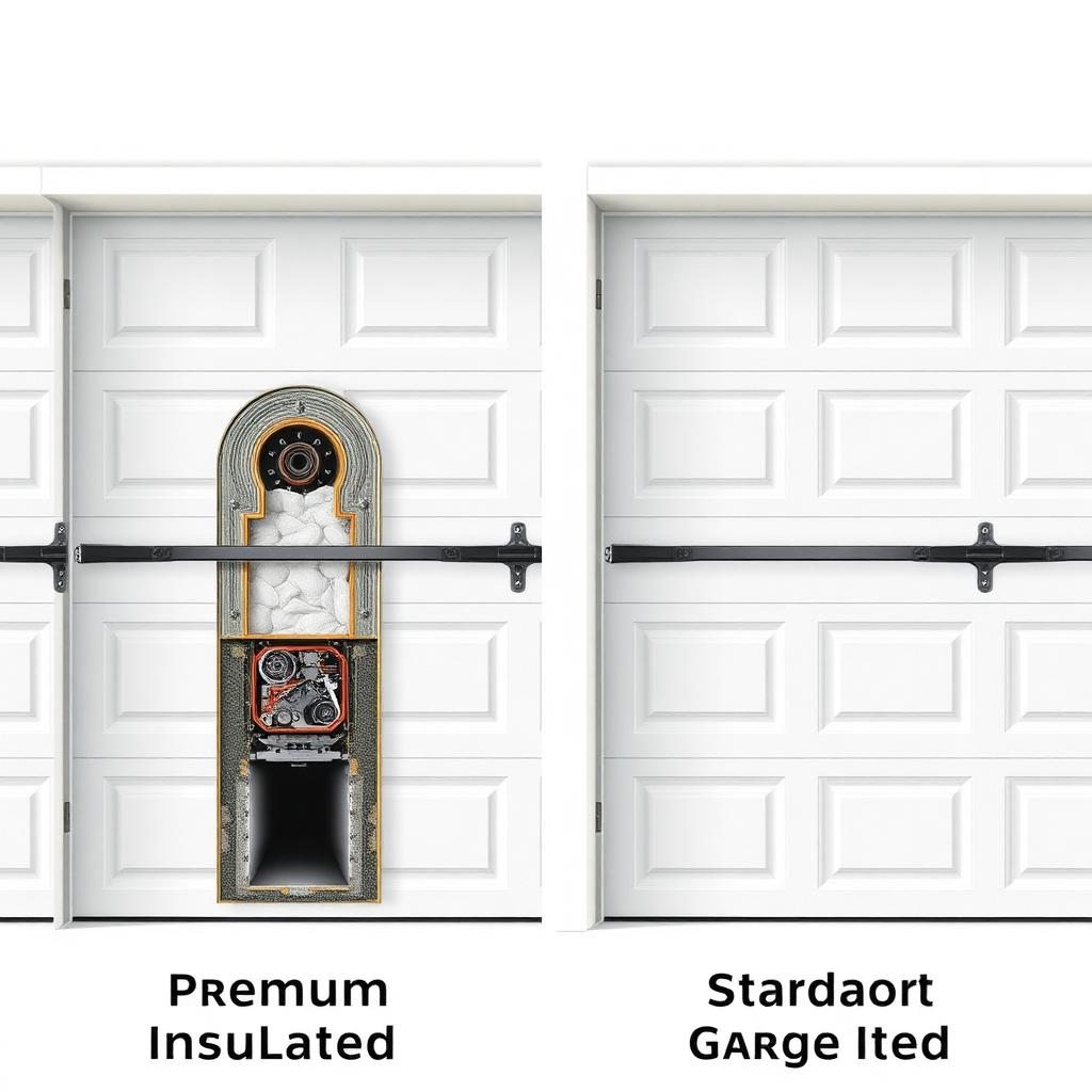 Side by side comparison of premium insulated garage door versus standard door