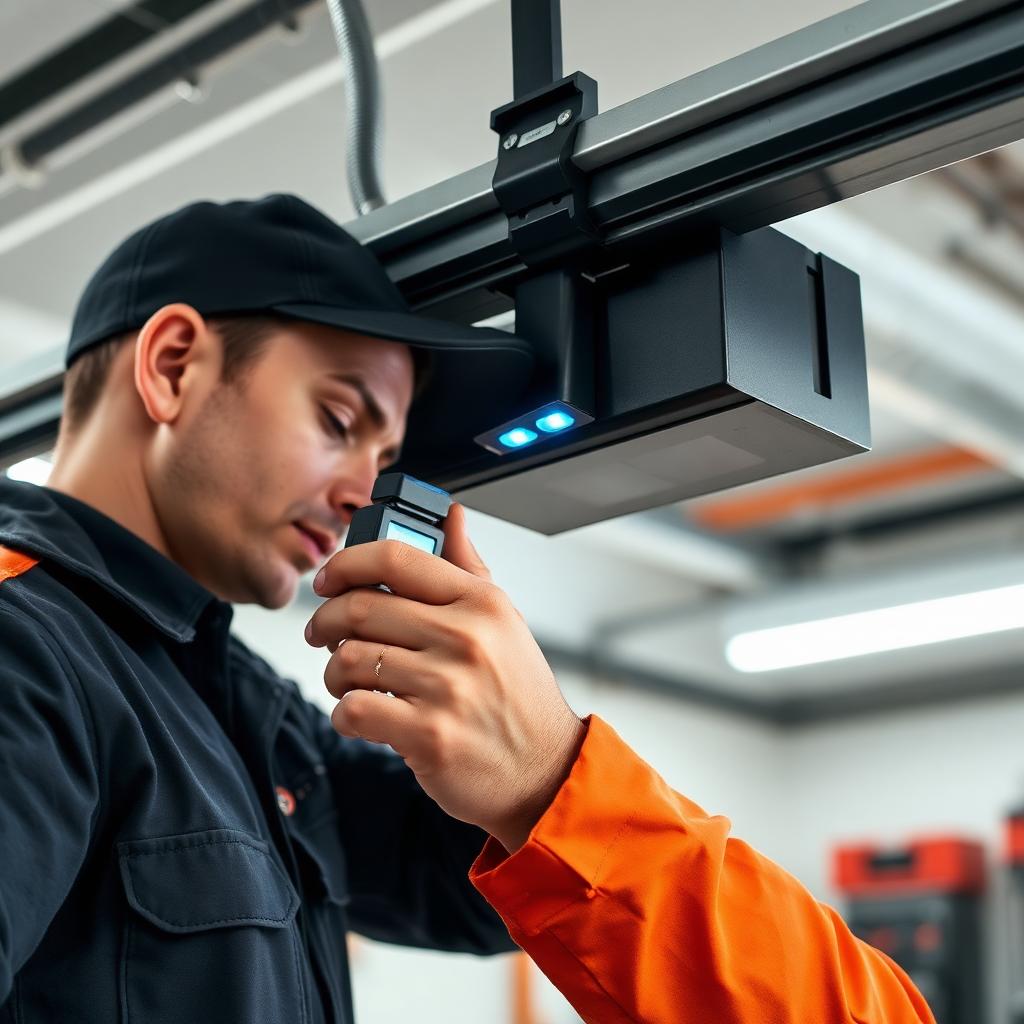 Professional technician calibrating garage door safety sensors